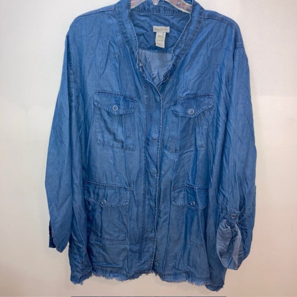 MULTIPLES ZIP AND SNAP UP CHAMBRAY ROLL TAB SLEEVE SHIRT JACKET COVERUP PLUS 3X